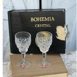 Bohemia Crystal 24% PbO Cut Glass Cordial Set of 2 Czechoslovakia w/ Box